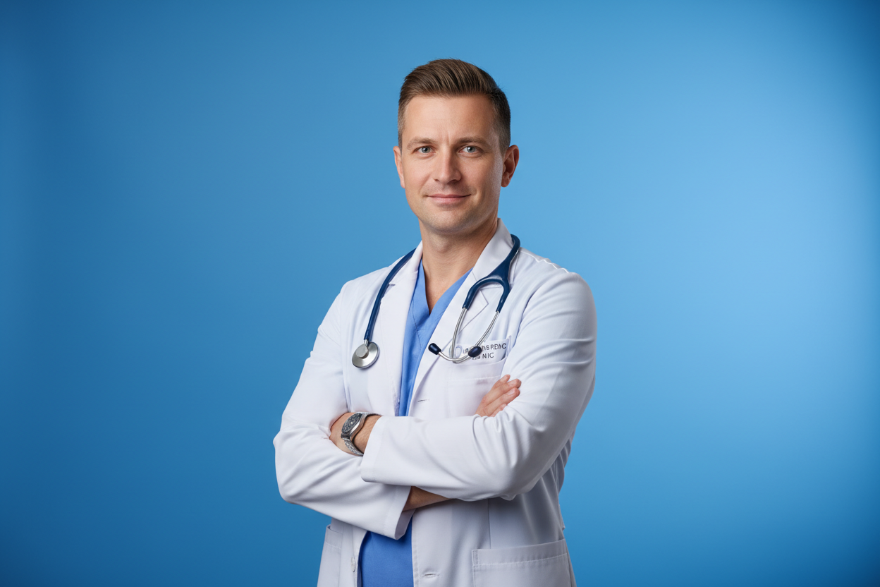 orthopedic doctor on blue stodiu background